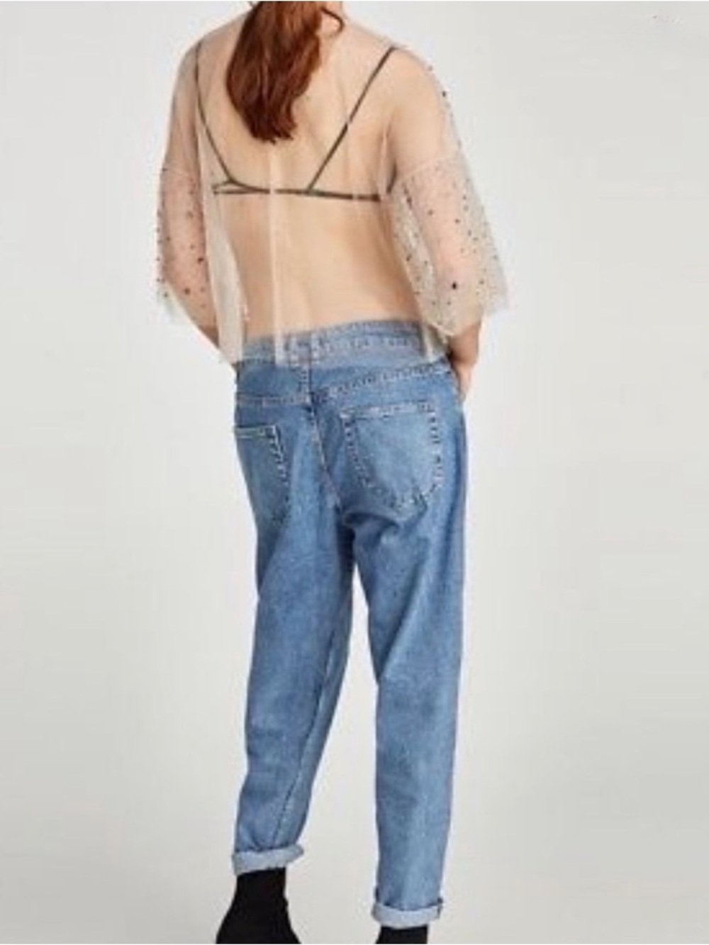 Zara Tulle Blouse featuring multi-colored jewel and bead appliqués. Size L - Picture 5 of 10